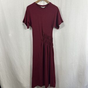 Anthropologie Celandine Cotton Crew Neck Midi Dress Smocked Cherry Wood Sz XS
